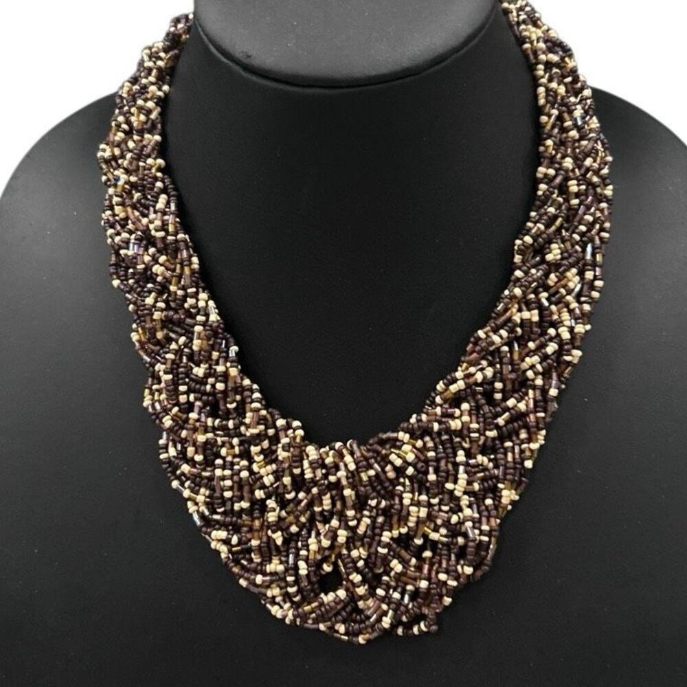 Vintage Woven Seed Bead Bib Necklace 16.5" Brown Beige Multi Inter-woven Strands - Picture 2 of 8